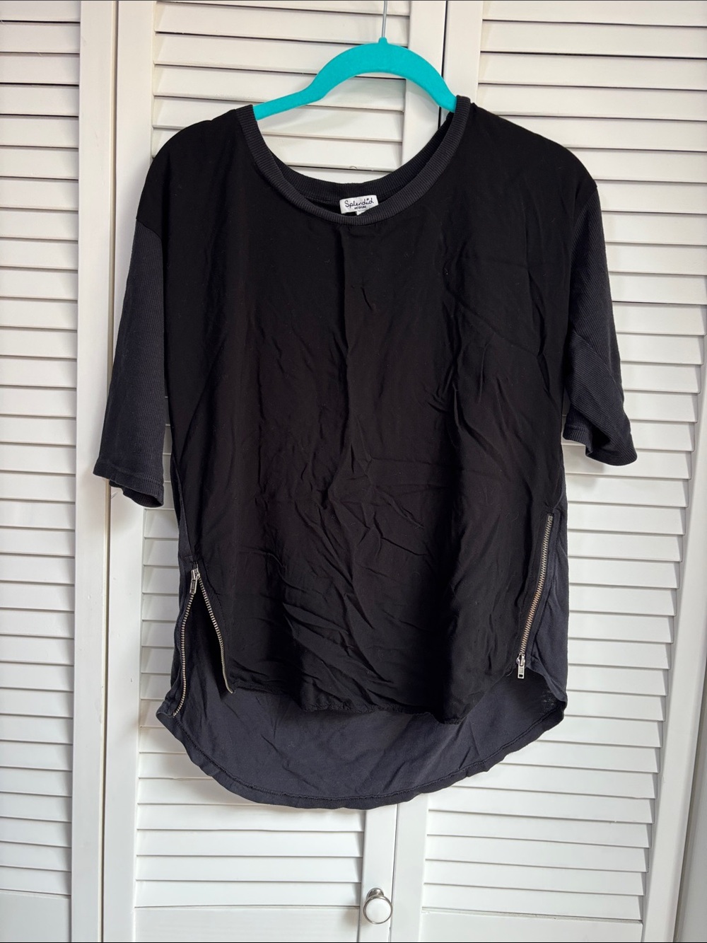Splendid Black Women's Short Sleeve Zip-Accent Top